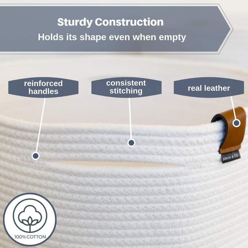 DENJA & CO Extra Large Blanket Basket for Living Room - White Farmhouse Woven Baskets for Storage | Cotton Rope Large Baskets for Blankets, Pillows, Toys, or Laundry | Ivory White (21" Wide x 13.8" Tall) - Image 3